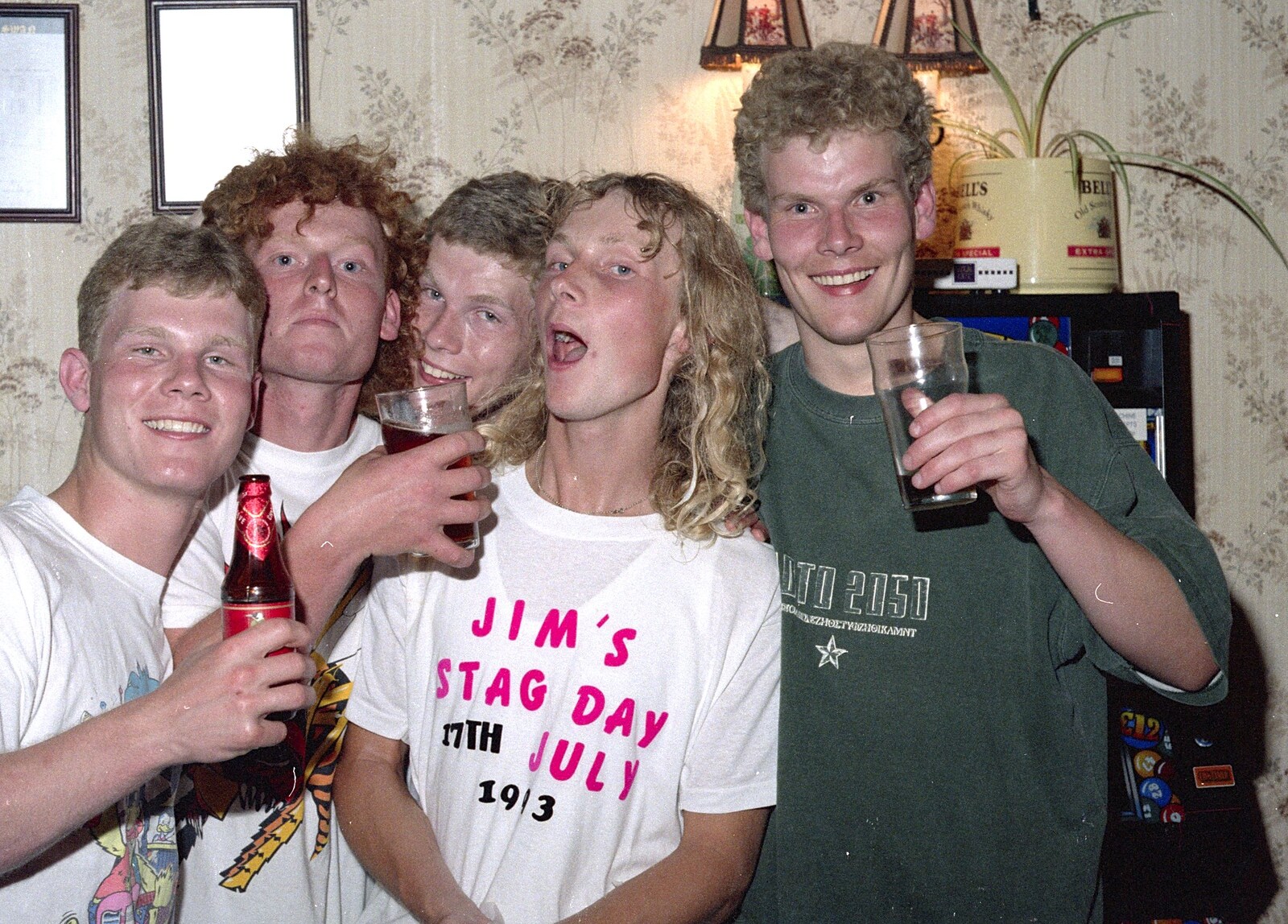 Mikey, Wavy, Andy, Jim and Bill from Jim's Stag Day and a Stripper, Brome Swan, Suffolk - 17th July 1993