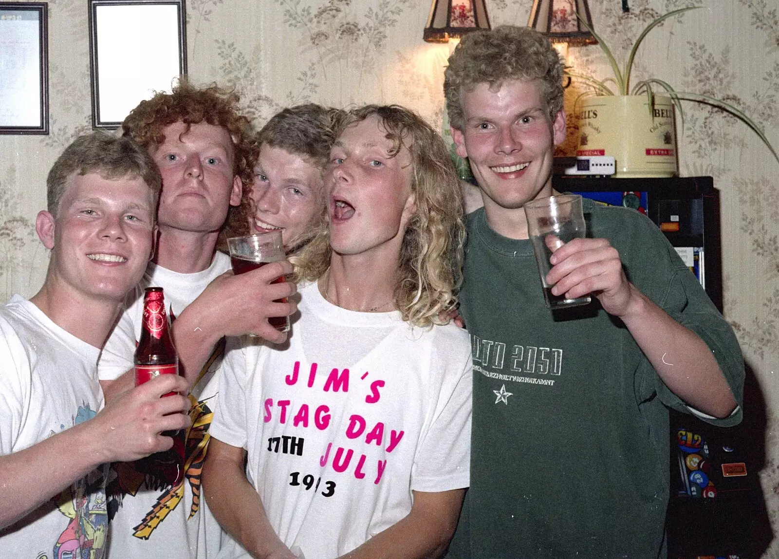 Mikey, Wavy, Andy, Jim and Bill, from Jim's Stag Day and a Stripper, Brome Swan, Suffolk - 17th July 1993