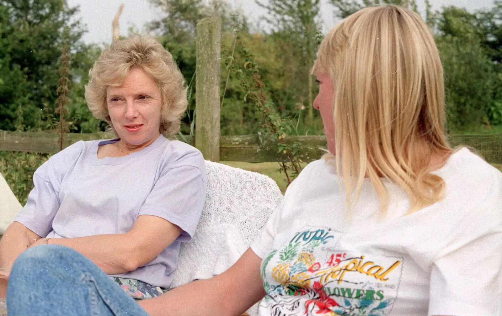 Jean chats to Sue, from A Geoff and Brenda Barbeque, Stuston, Suffolk - 3rd April 1994