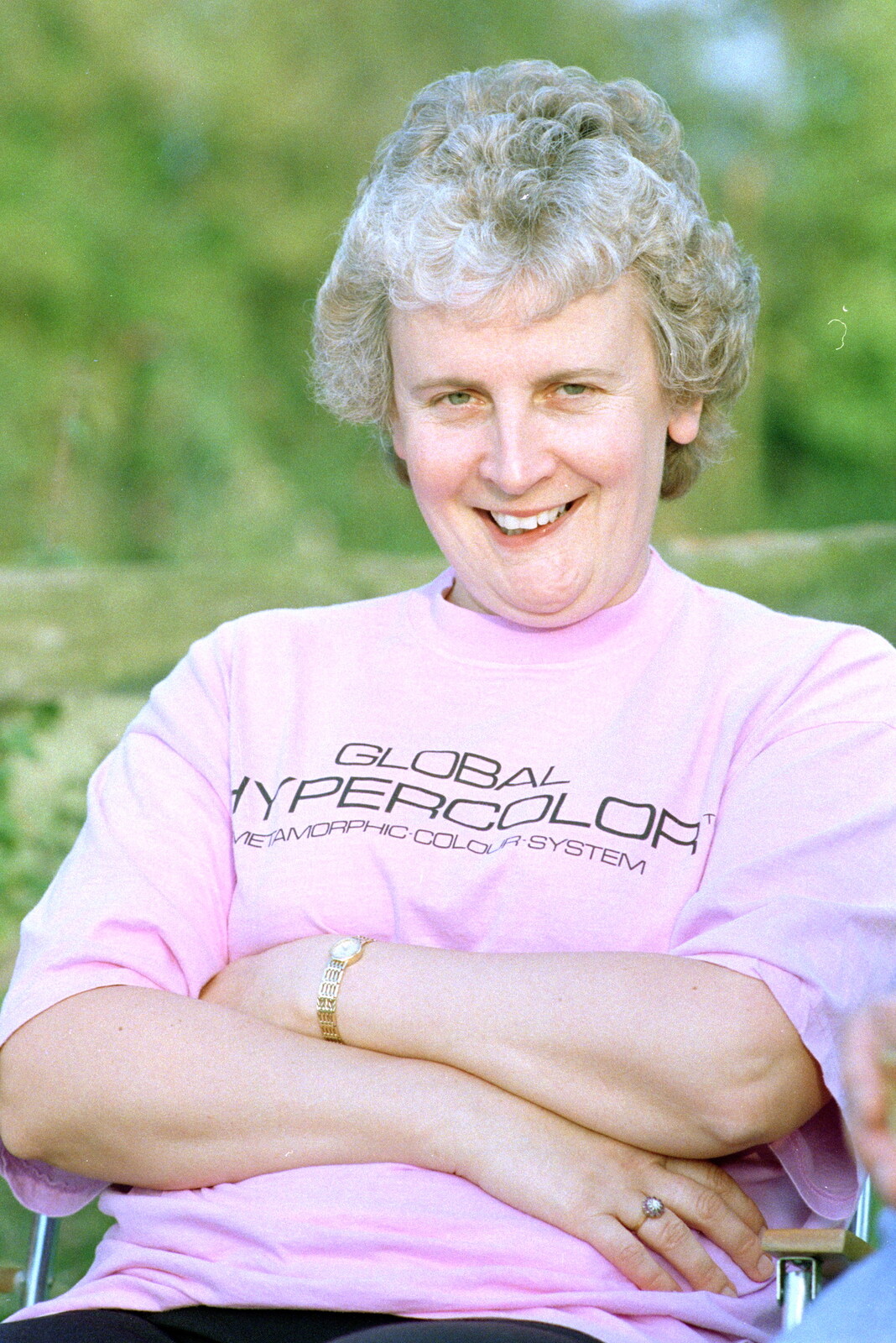 Linda in a peculiar tee-shirt from A Geoff and Brenda Barbeque, Stuston, Suffolk - 3rd April 1994