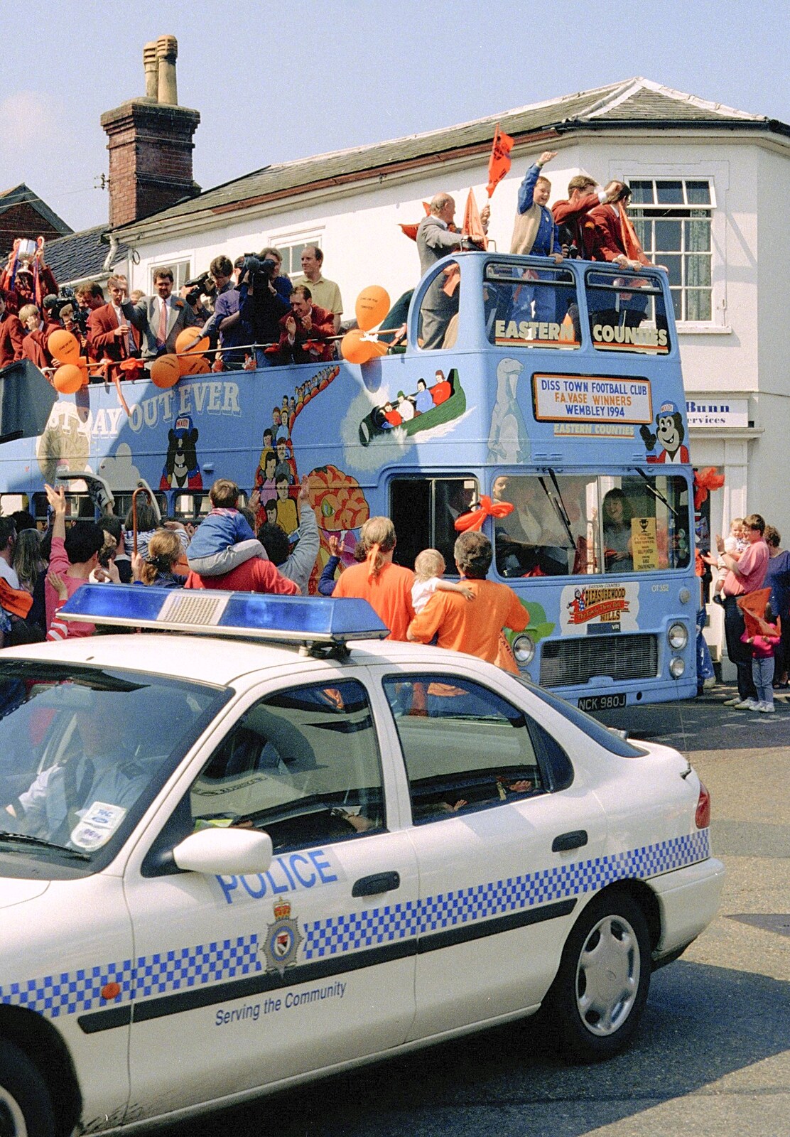 The bus comes out of Roydon Road from Diss Town and the F.A. Vase Final, Diss and Wembley, Norfolk and London - 15th May 1994