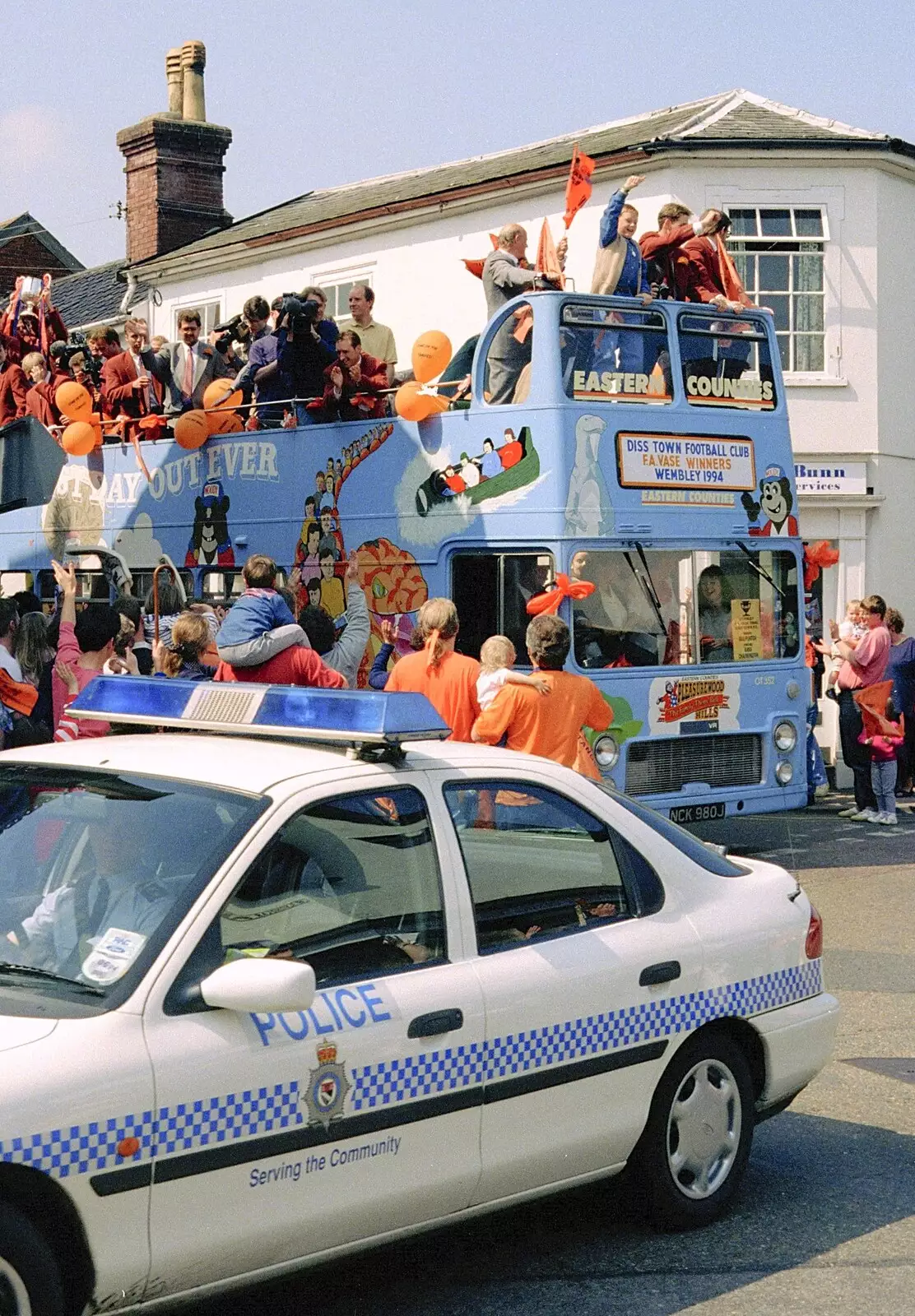 The bus comes out of Roydon Road, from Diss Town and the F.A. Vase Final, Diss and Wembley, Norfolk and London - 15th May 1994