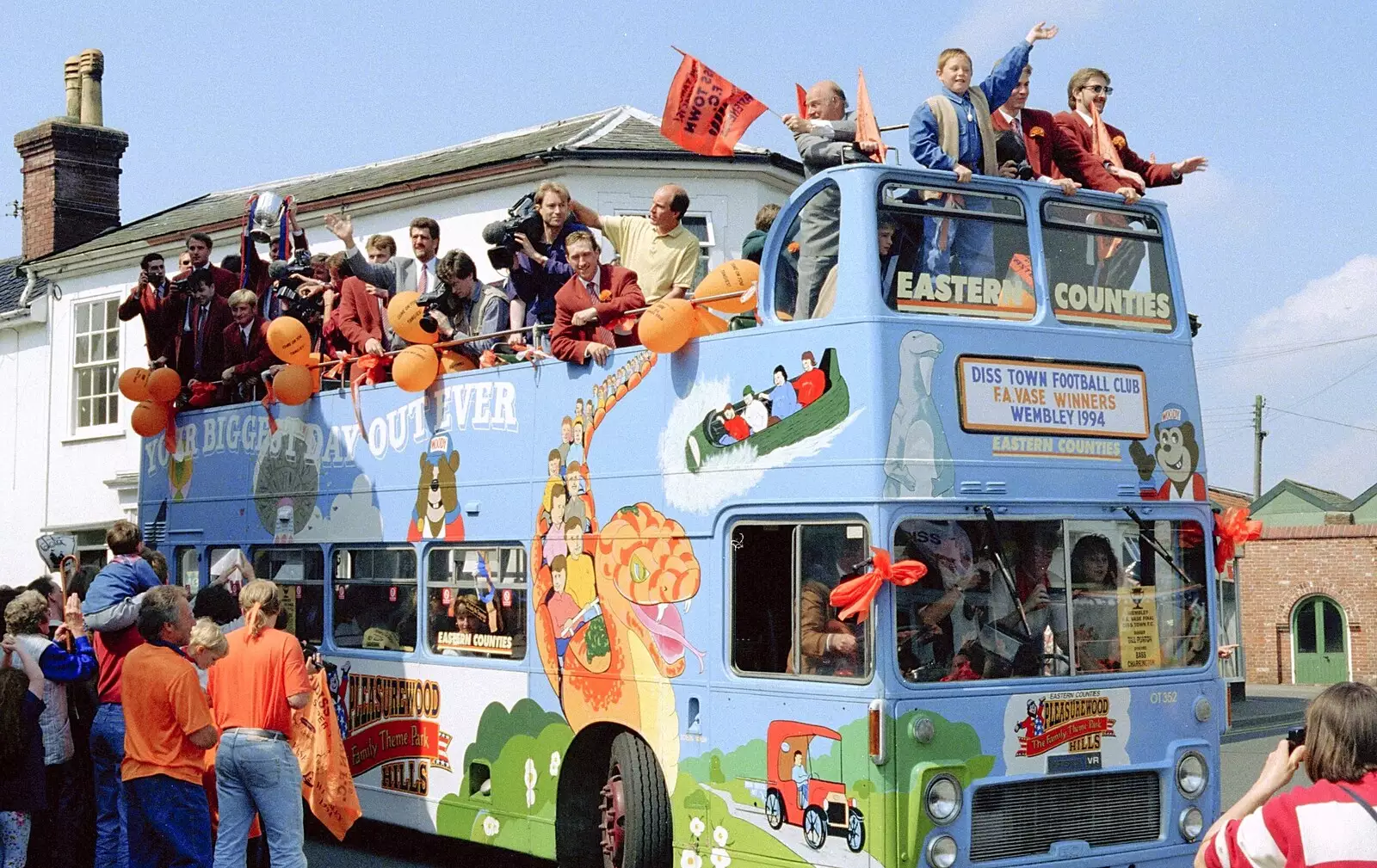 The bus turns down Denmark Street, from Diss Town and the F.A. Vase Final, Diss and Wembley, Norfolk and London - 15th May 1994