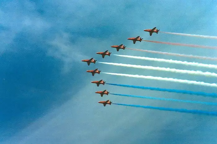 The Red Arrows in their basic formation, from The Mildenhall Air Fete, Mildenhall, Suffolk - 29th May 1994