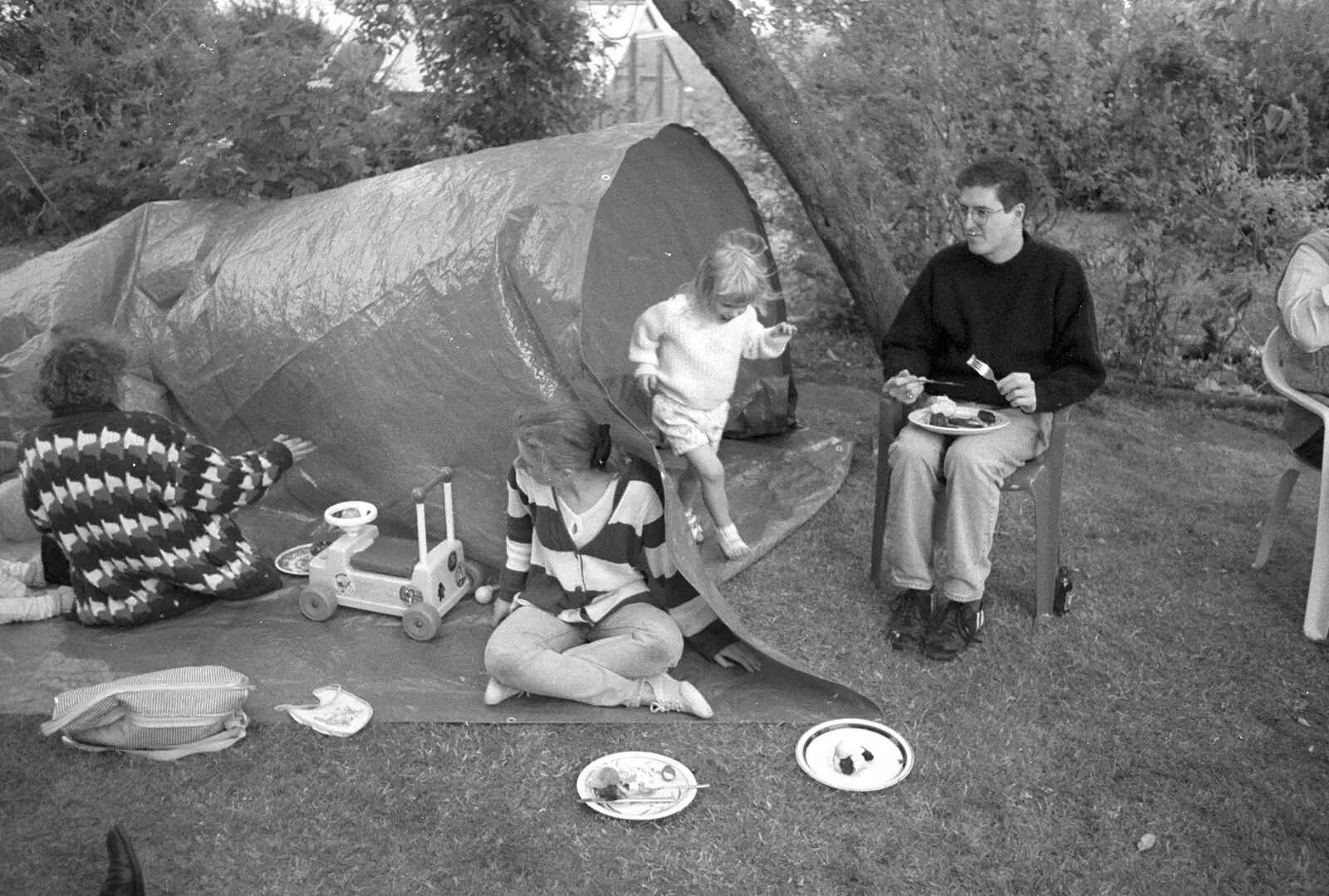 Theresa's sprog escapes from the tent, from Sarah's Birthday Barbeque, Burston, Norfolk - 7th June 1994