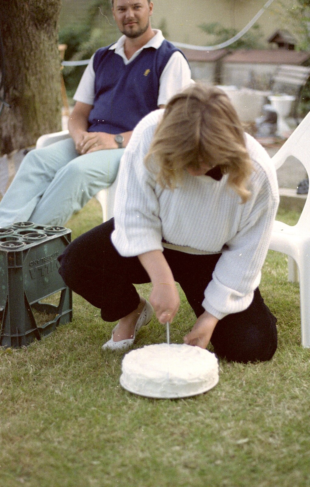 Sarah chops up her birthday cake from Sarah's Birthday Barbeque, Burston, Norfolk - 7th June 1994