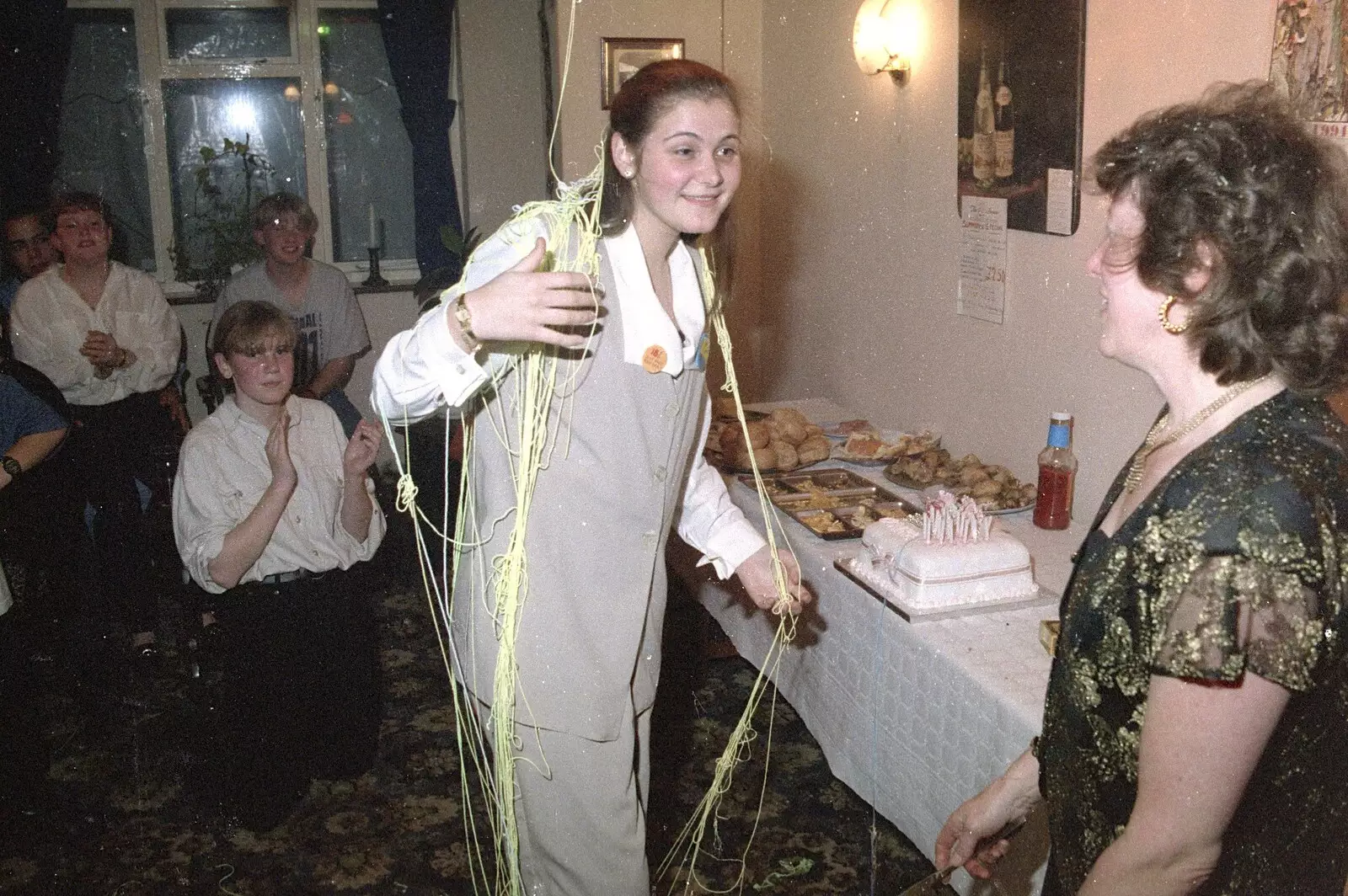 Claire gets covered in string, from Claire's Eighteenth Birthday, The Swan Inn, Brome, Suffolk - 11th June 1994