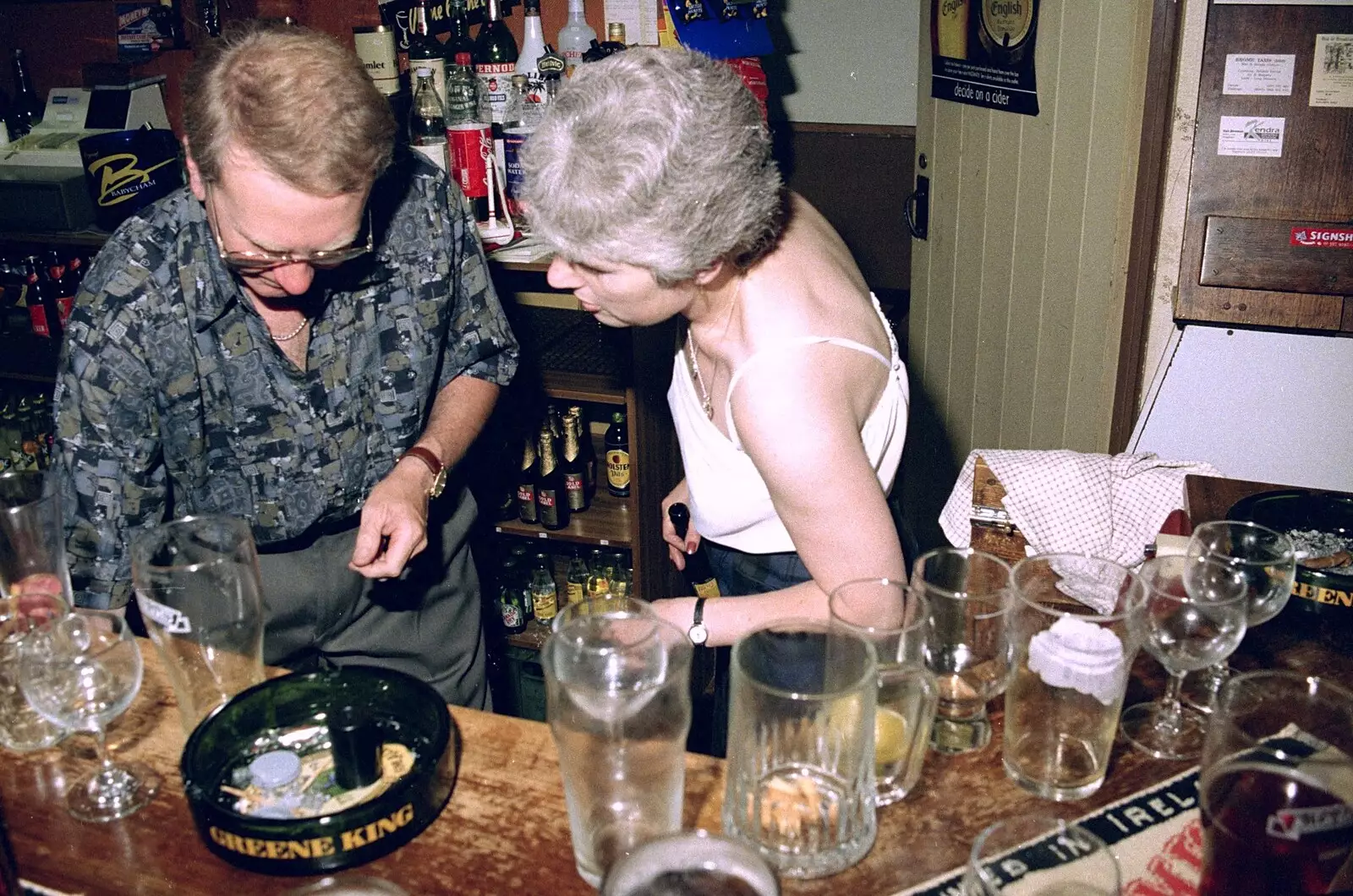 John Willy, Spammy and a load of glasses, from Claire's Eighteenth Birthday, The Swan Inn, Brome, Suffolk - 11th June 1994