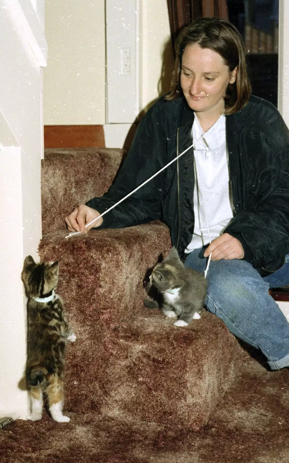 Jo torments kittens with string, from House Renovation Randomness and a Spot of Lightning, Brome, Suffolk - 19th June 1994