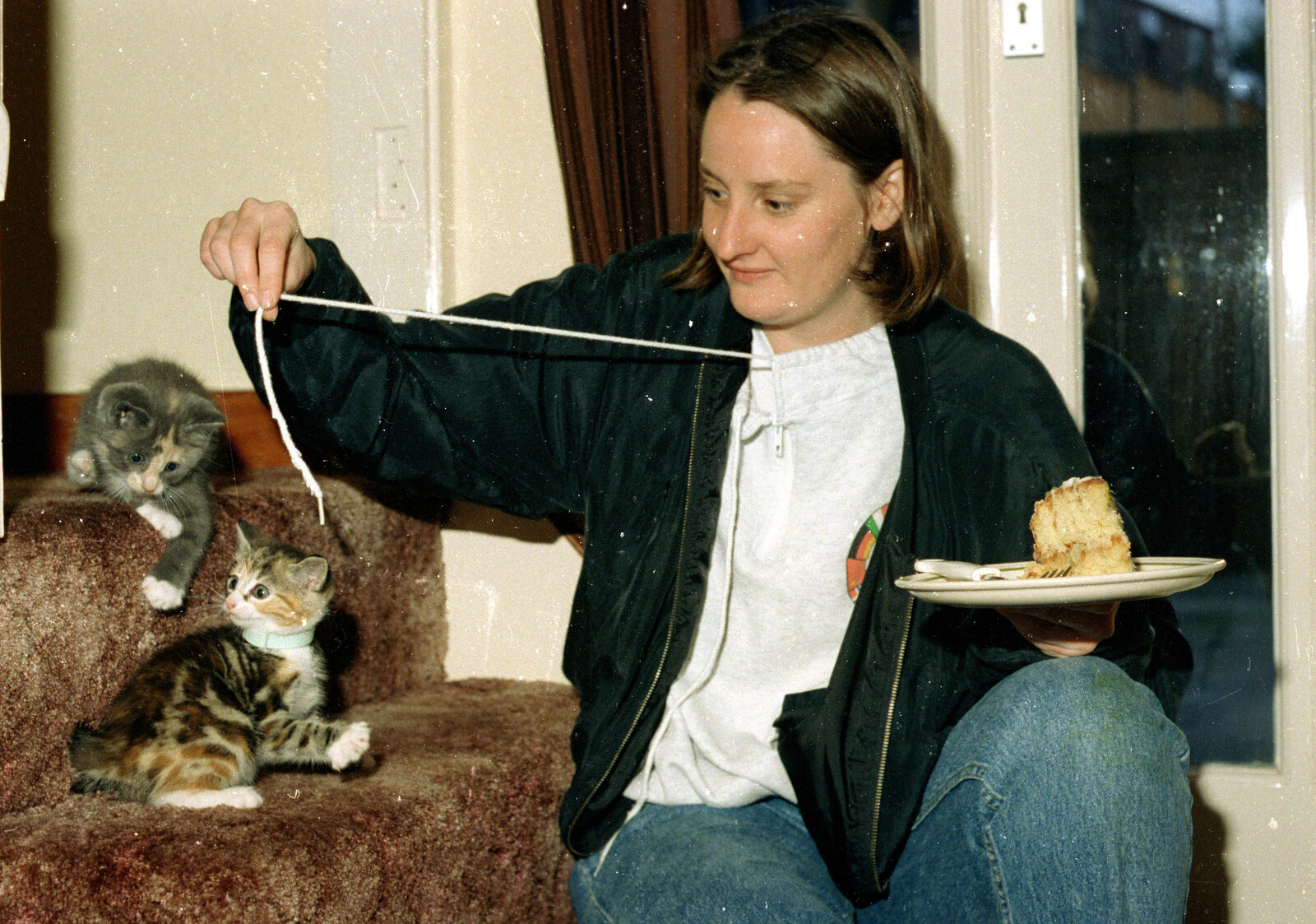 Jo balances a plate of cake from House Renovation Randomness and a Spot of Lightning, Brome, Suffolk - 19th June 1994