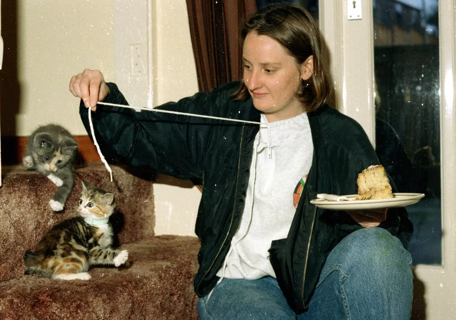 Jo balances a plate of cake, from House Renovation Randomness and a Spot of Lightning, Brome, Suffolk - 19th June 1994