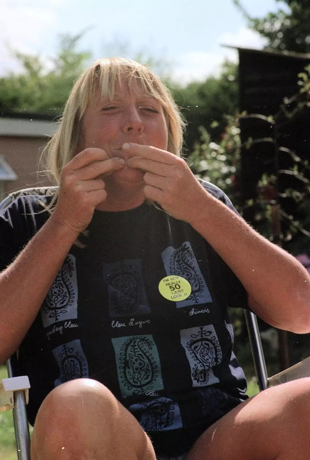 Sue squeezes a zit, from "Mad" Sue's 50th and the Building of the Stuston Bypass, Stuston, Suffolk - 7th July 1994