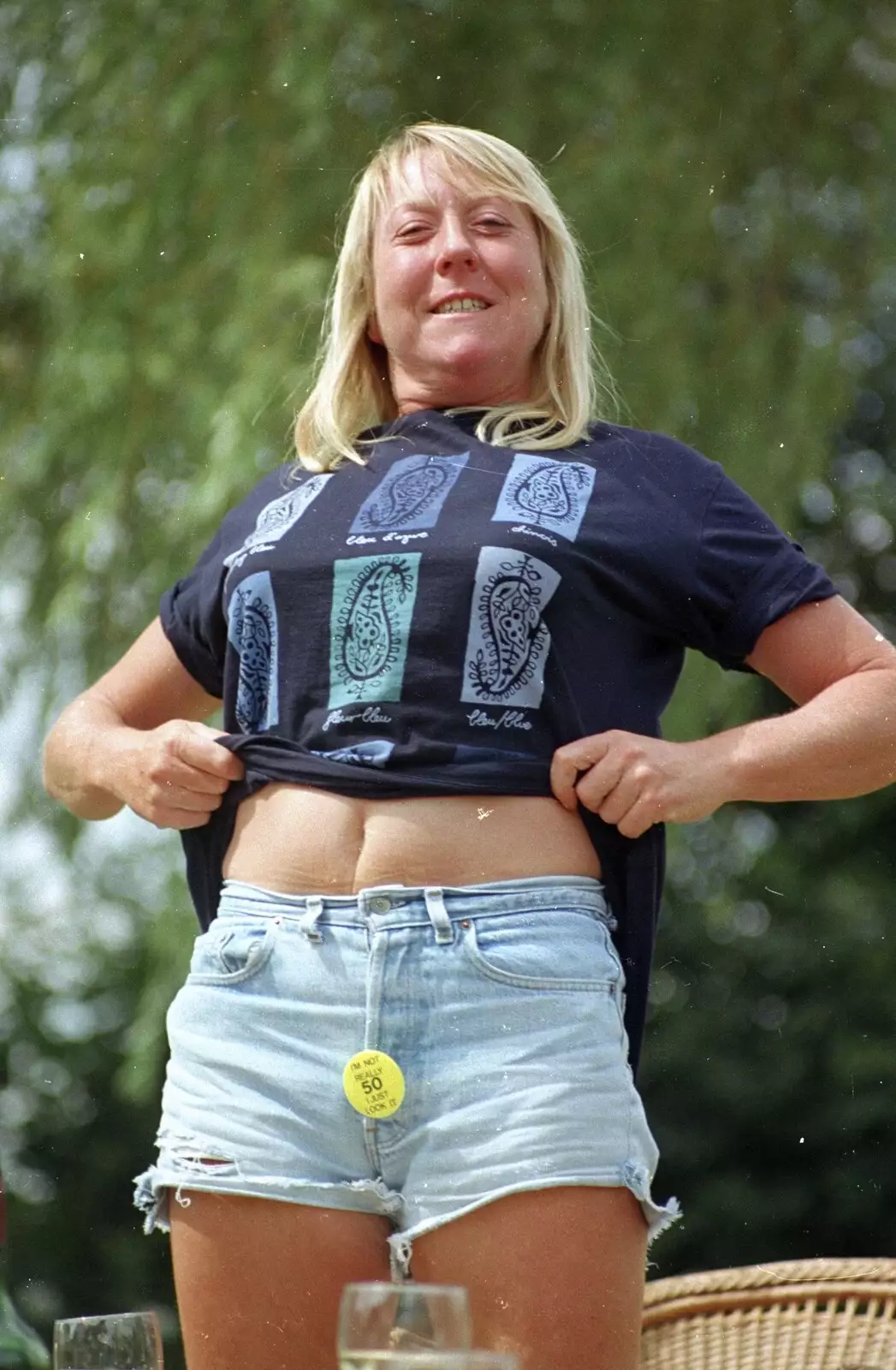 Sue gets her belly out, from "Mad" Sue's 50th and the Building of the Stuston Bypass, Stuston, Suffolk - 7th July 1994