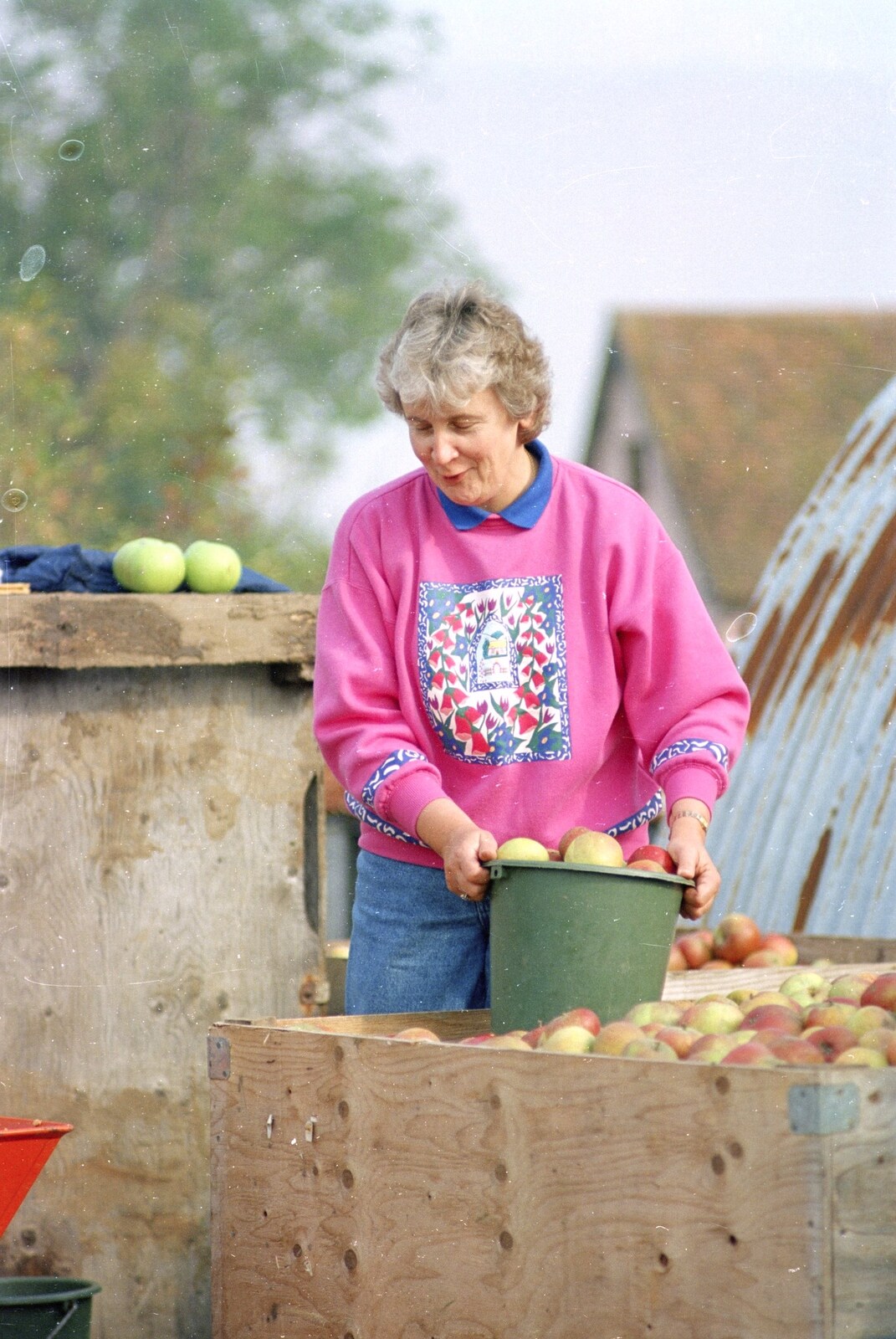 Cider Making (without Rosie), Stuston, Suffolk - 23rd September 1994: Linda with a bucket of apples