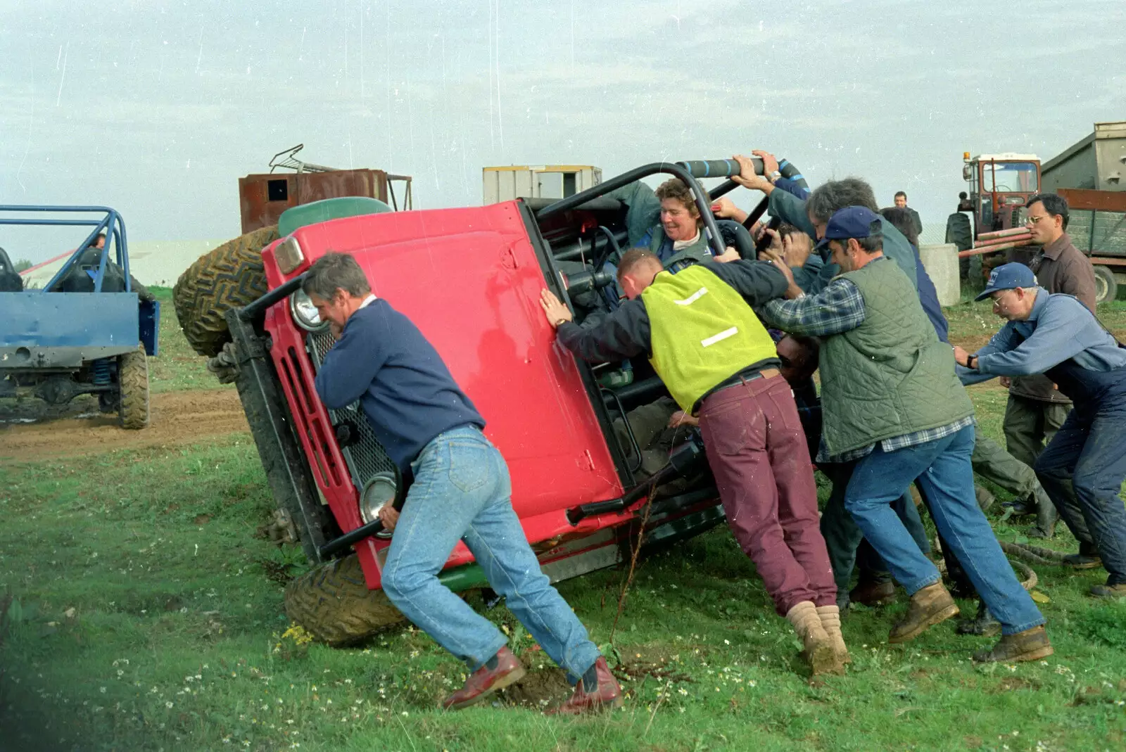 Brenda tips over and has to be pushed back upright, from Off-Roading With Geoff and Brenda, Suffolk - 10th October 1994