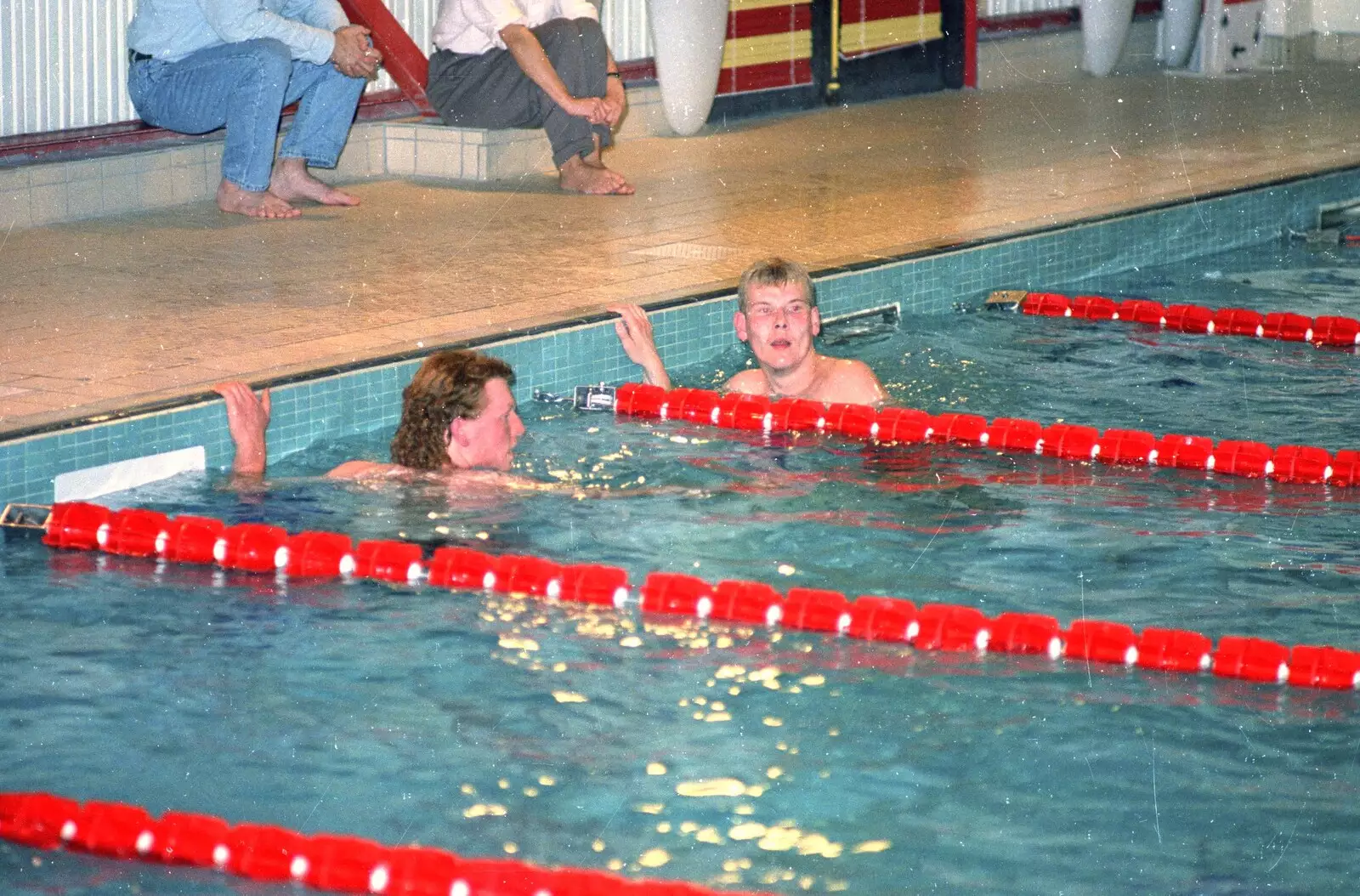 Wavy and Bill pause at the end of a length, from The Swan does the BHF Sponsored Swim, Diss Pool, Norfolk - 3rd October 1994