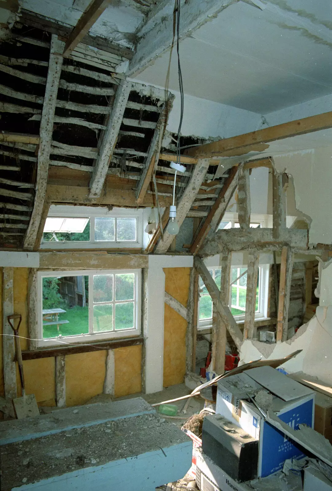 The remaining pine timber across marks the height of ceiling 3. The two extra ceilings above can be seen., from Bedroom Demolition, Brome, Suffolk - 10th October 1994