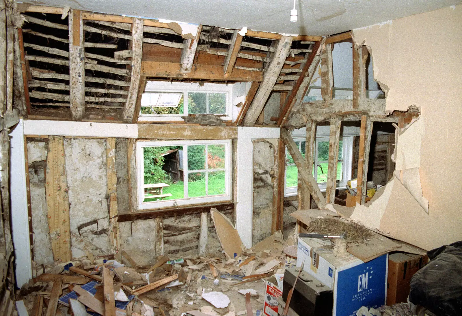 A scene of devastation, with the 1958 ceiling still in place, from Bedroom Demolition, Brome, Suffolk - 10th October 1994