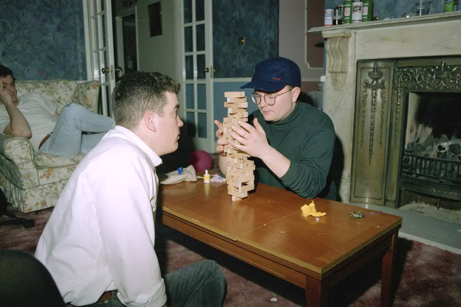 Hamish carefully stacks up the blocks, from Christmas Down South, Burton and Walkford, Dorset - 25th December 1994