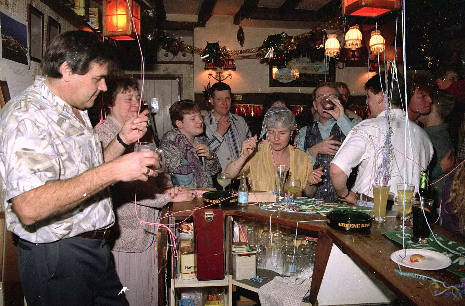 Party scene from behind the bar, from New Year's Eve at the Swan Inn, Brome, Suffolk - 31st December 1994