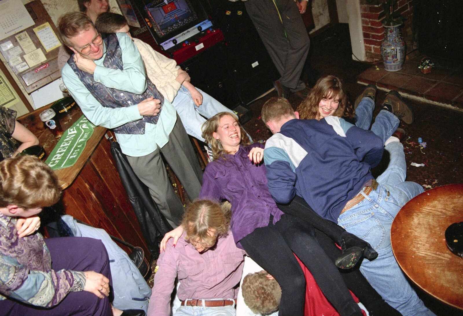A pile of people from New Year's Eve at the Swan Inn, Brome, Suffolk - 31st December 1994