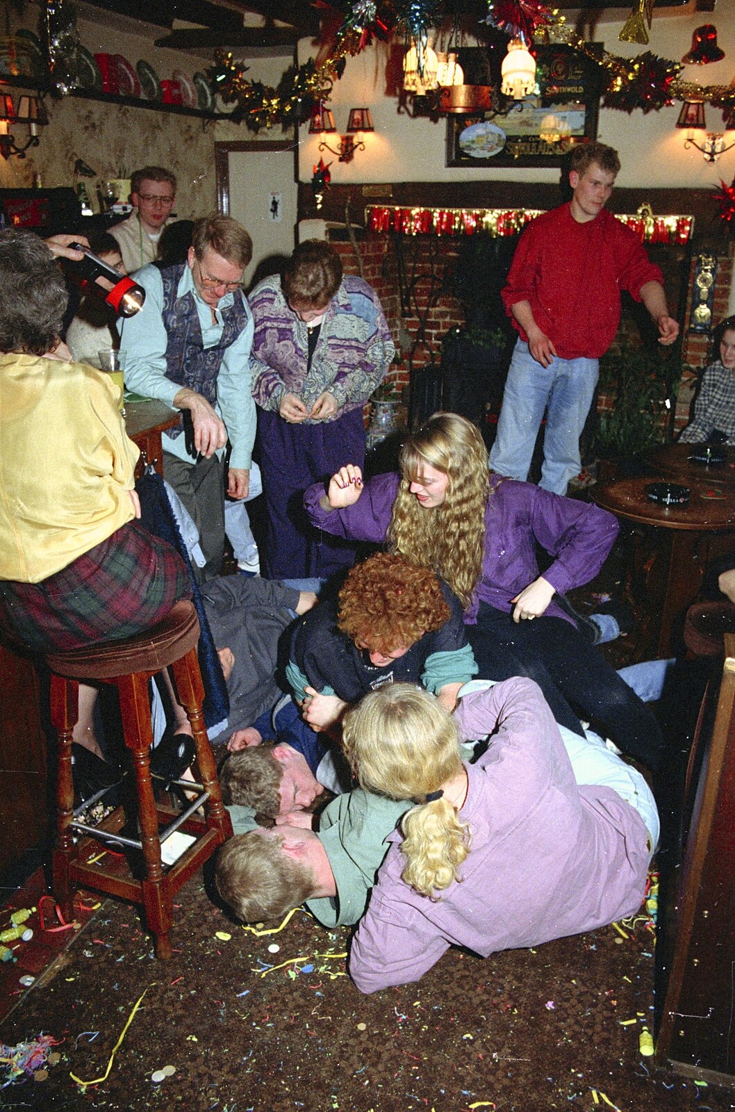 Just about everyone seems to be on the floor from New Year's Eve at the Swan Inn, Brome, Suffolk - 31st December 1994