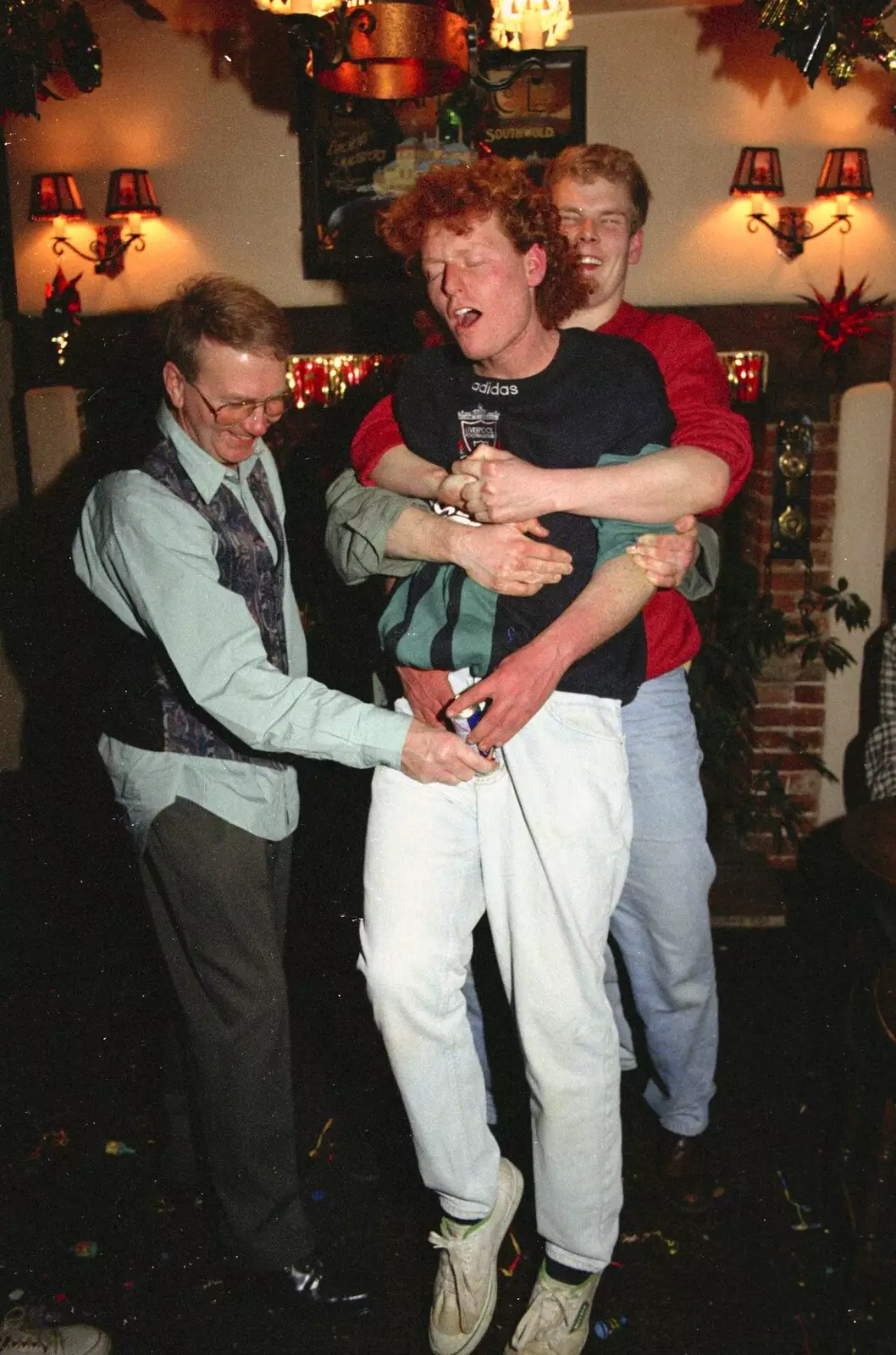 Wavy gets a bottle stuffed down his pants, from New Year's Eve at the Swan Inn, Brome, Suffolk - 31st December 1994