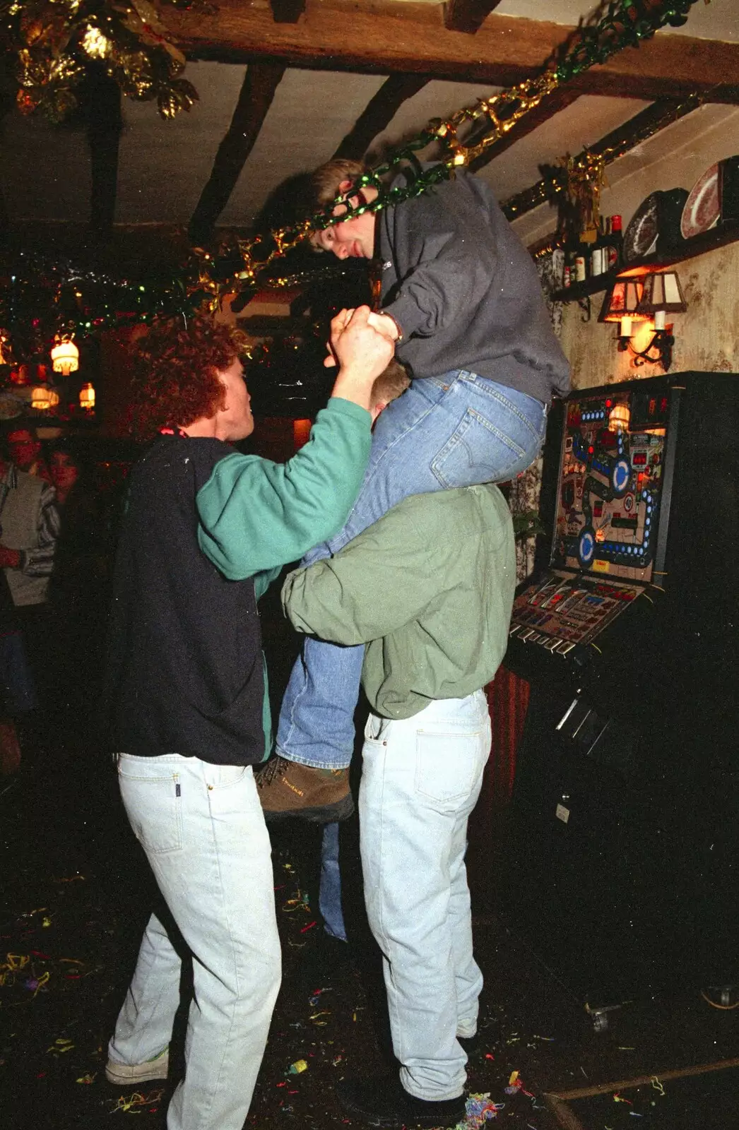 Paul gets a piggy back, from New Year's Eve at the Swan Inn, Brome, Suffolk - 31st December 1994