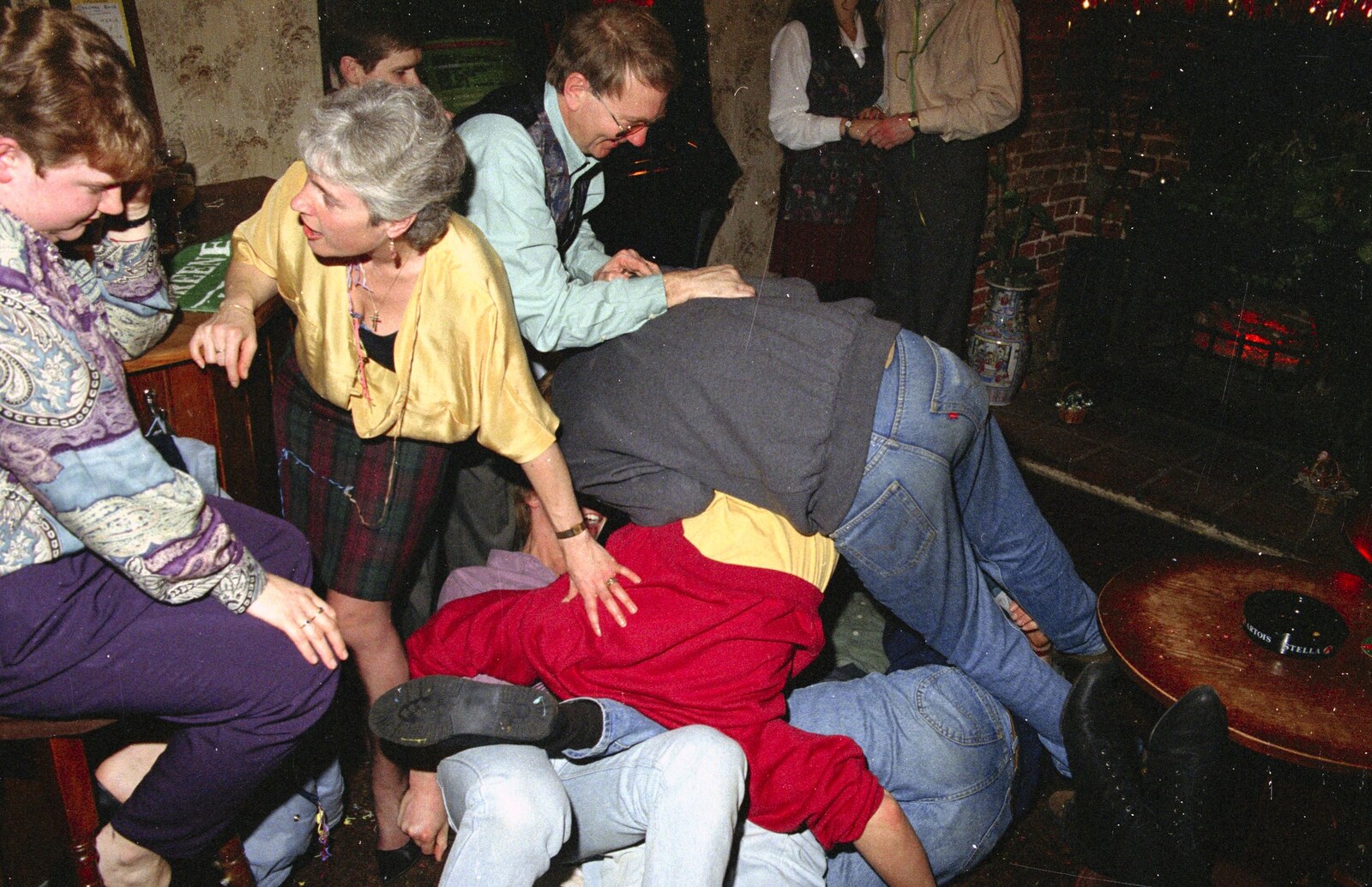 There's a massive pile of people on the floor from New Year's Eve at the Swan Inn, Brome, Suffolk - 31st December 1994