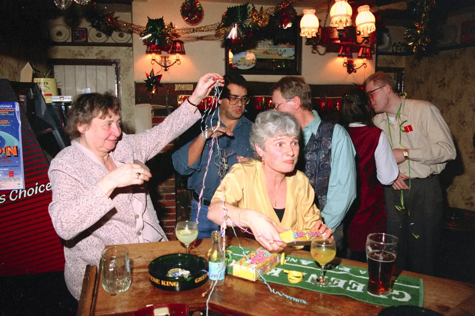 Nanna waves around some streamers, from New Year's Eve at the Swan Inn, Brome, Suffolk - 31st December 1994