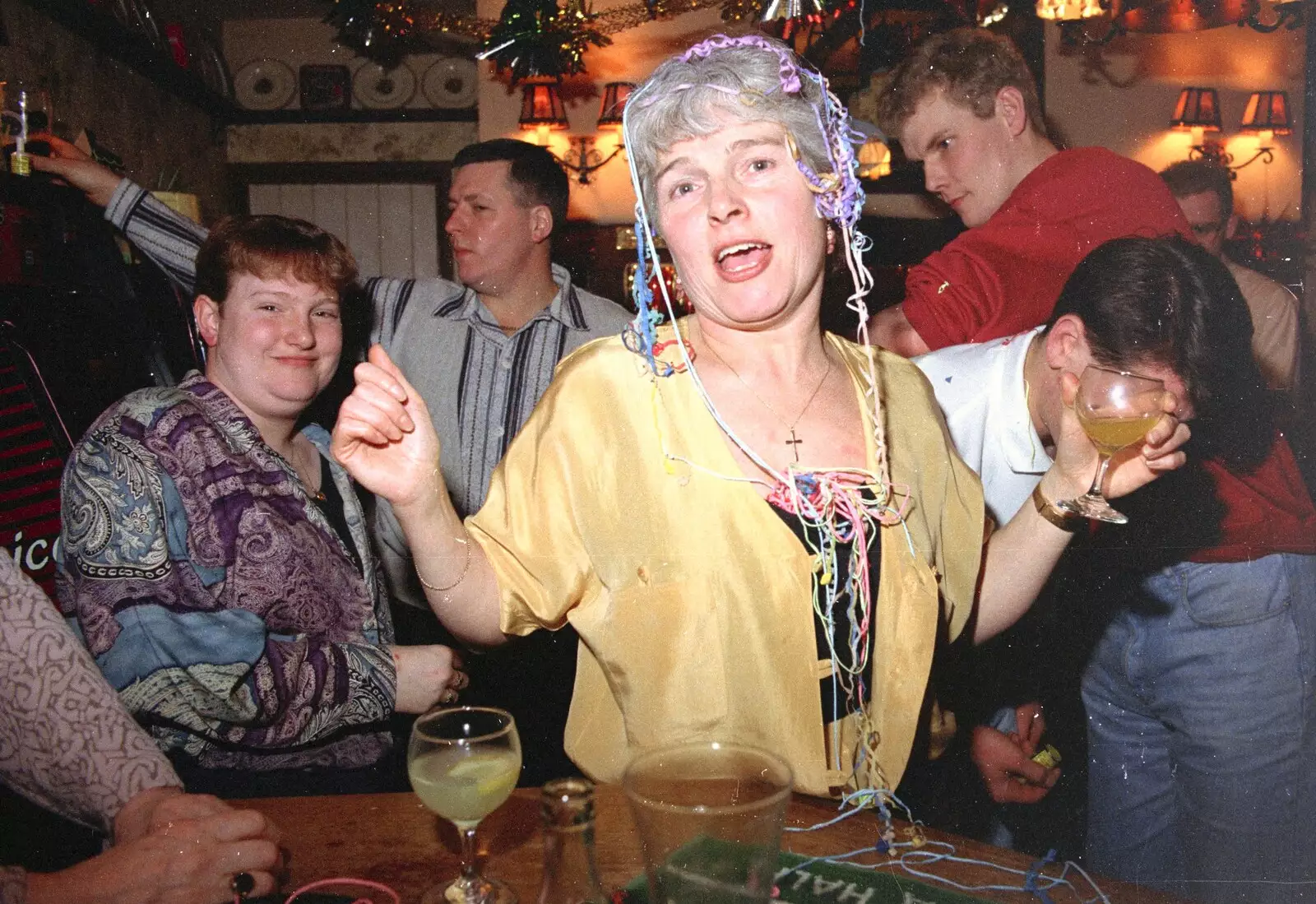 Spammy with a garland of streamers, from New Year's Eve at the Swan Inn, Brome, Suffolk - 31st December 1994