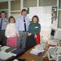 1995 Pete Butcher, ?, Martin 'Pru' Potts and Sally, plus the back of an actual DEC PDP-11 terminal (on the far right)