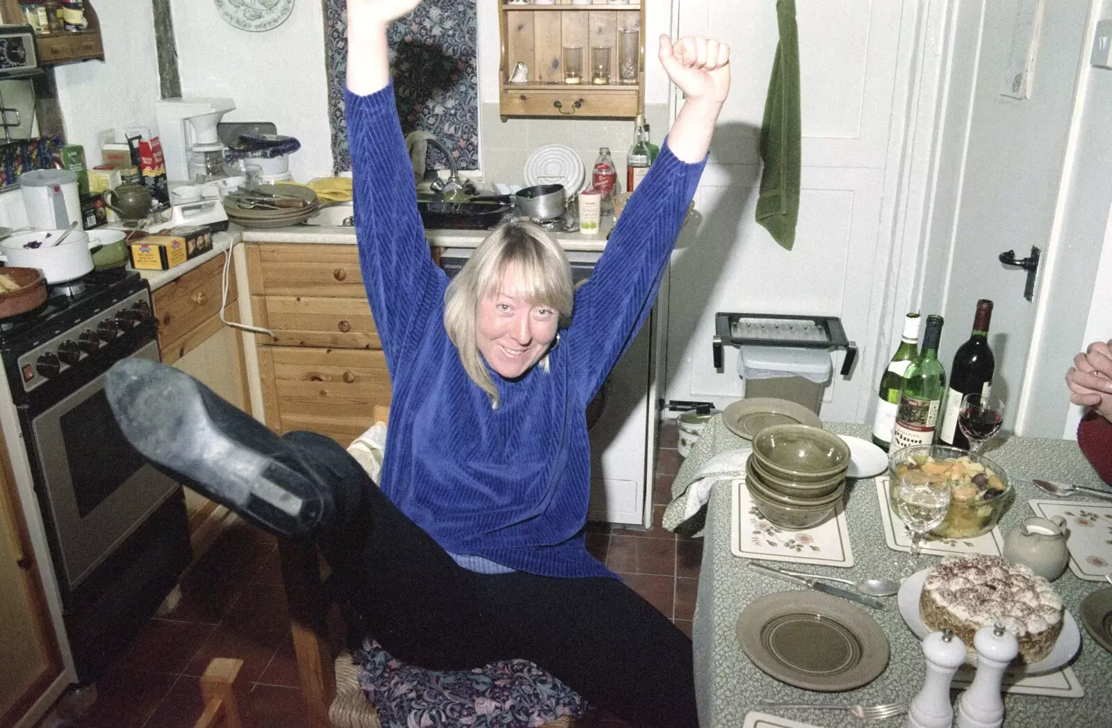 Sue does one of her trademark mad shapes, from Lunch and Dinner at Mad Sue's, Stuston, Suffolk - 30th March 1995