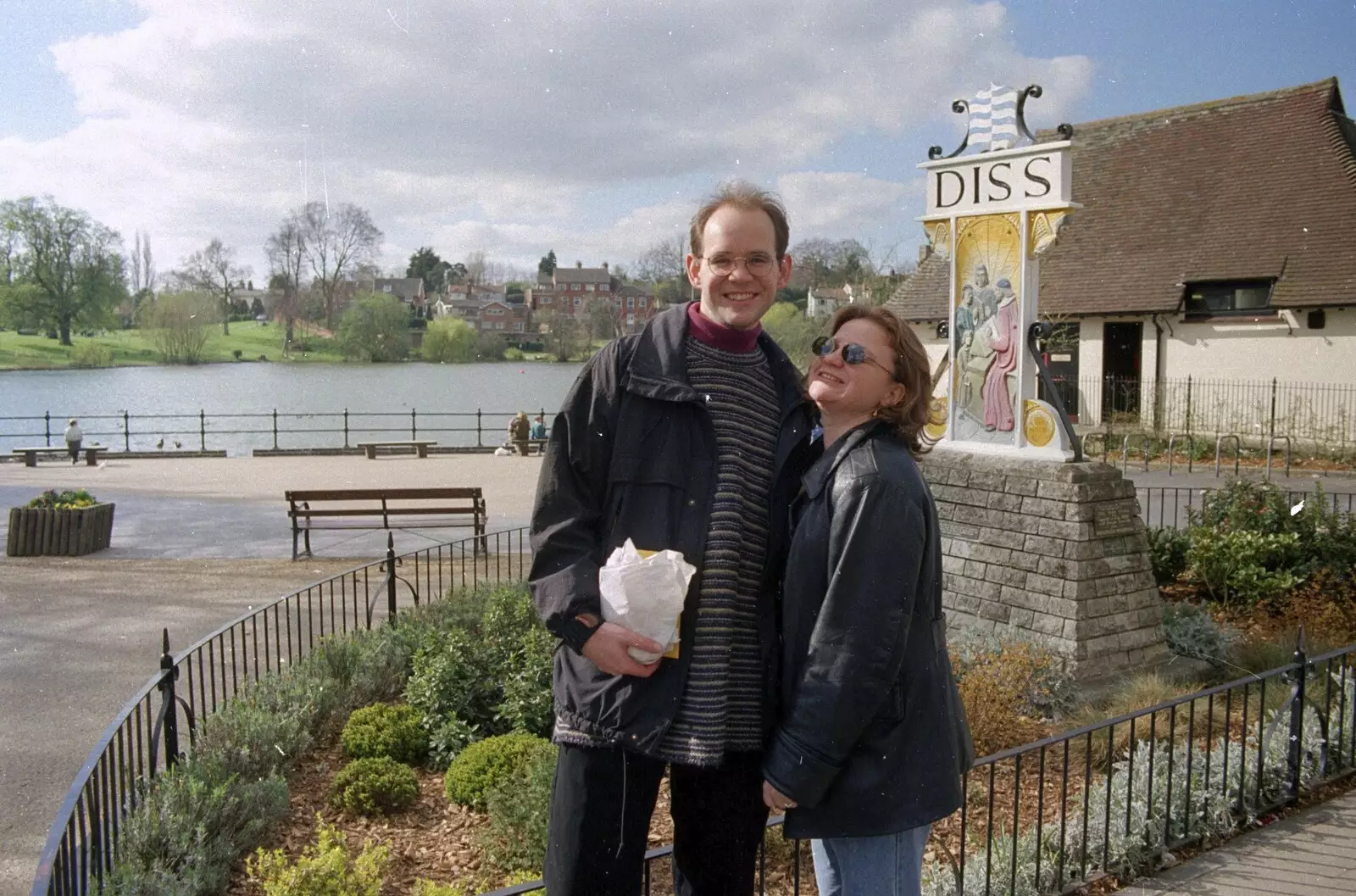 Phil and Lolly by the town sign in Diss, from A Phil and Sean Weekend, and Bedroom Building, Brome, Norwich and Southwold - 18th April 1995