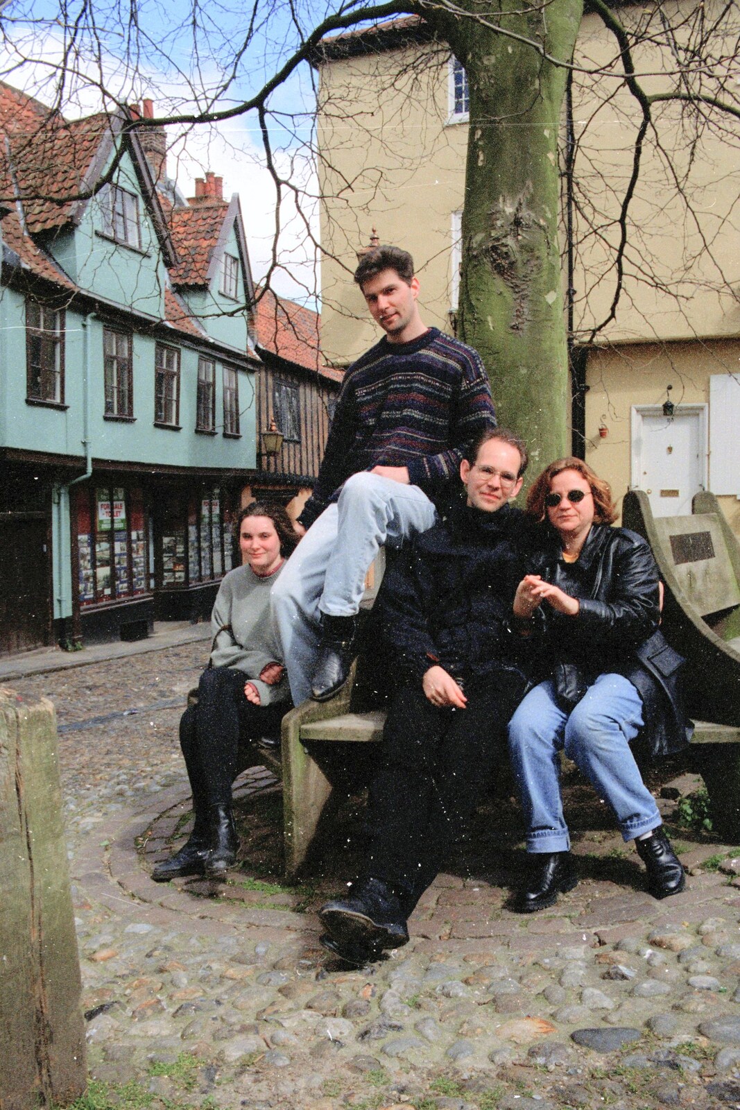 A group photo on Elm Hill from A Phil and Sean Weekend, and Bedroom Building, Brome, Norwich and Southwold - 18th April 1995