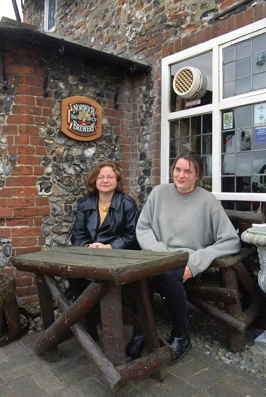 Lolly and Georgina outside the Adam and Eve, from A Phil and Sean Weekend, and Bedroom Building, Brome, Norwich and Southwold - 18th April 1995