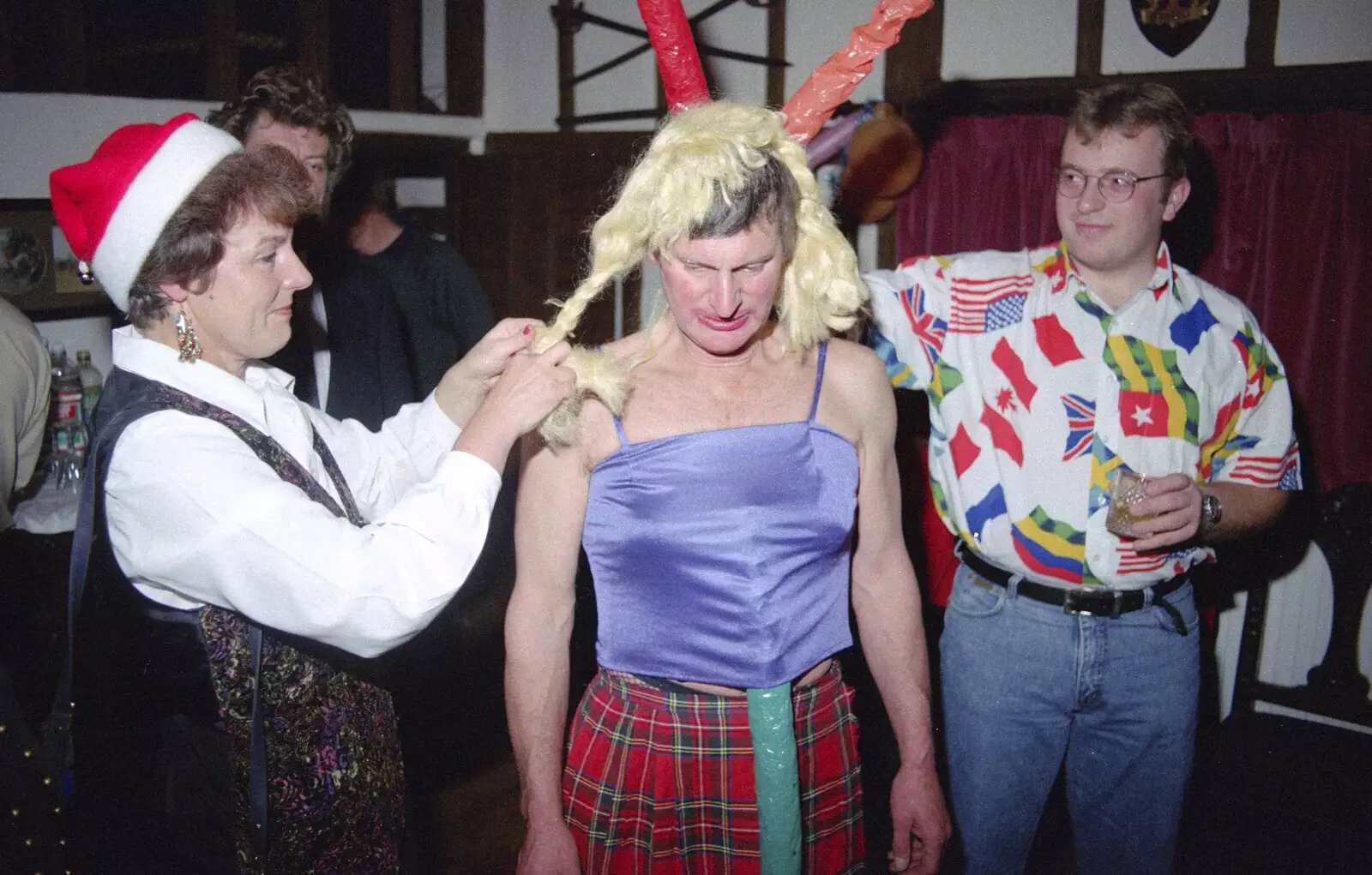 Sue Ogilsby does some kind of plaiting, from Geoff's Birthday, Stuston, Suffolk - 18th December 1995