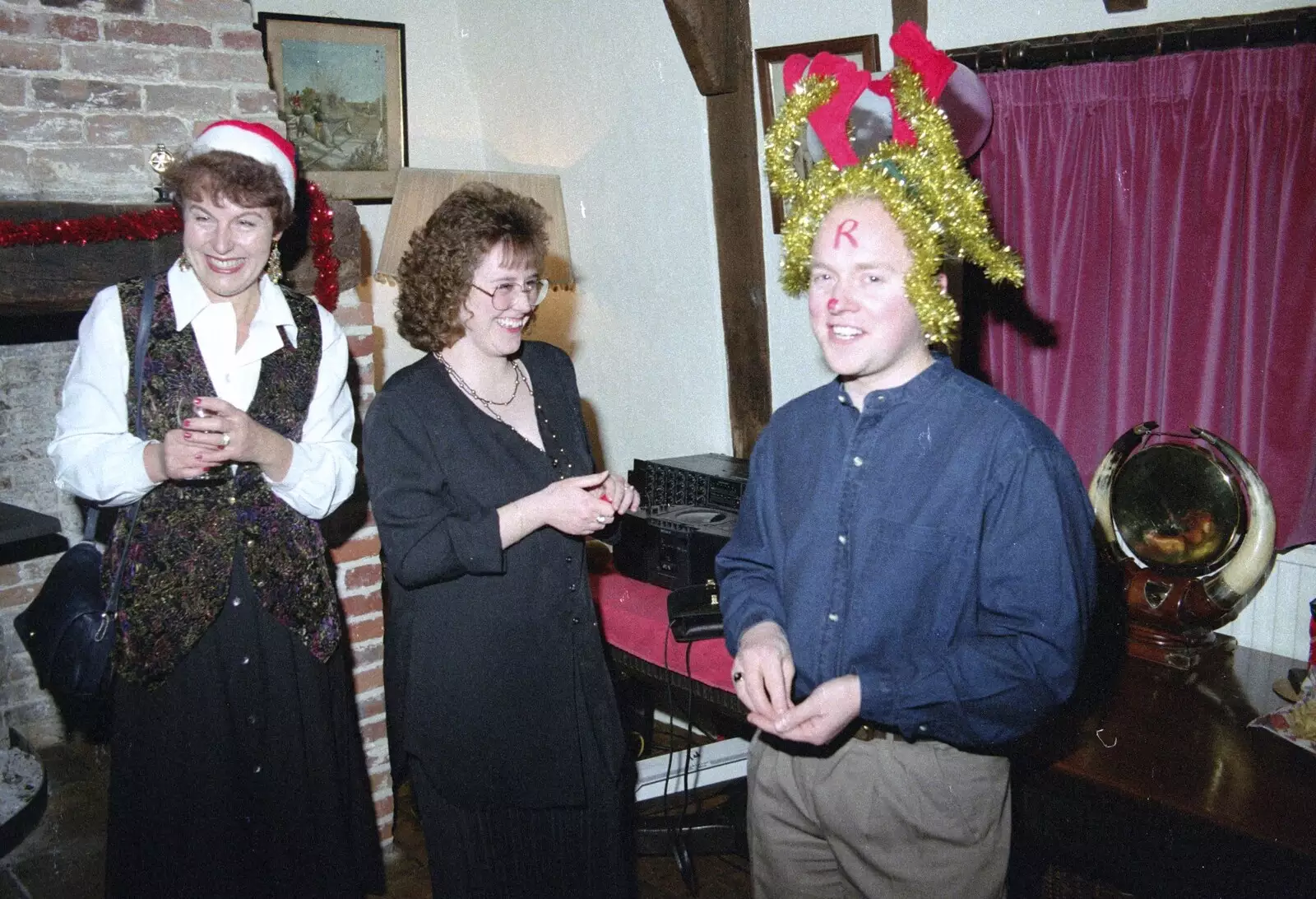 Sue Ogilsby and tinsel-head, from Geoff's Birthday, Stuston, Suffolk - 18th December 1995