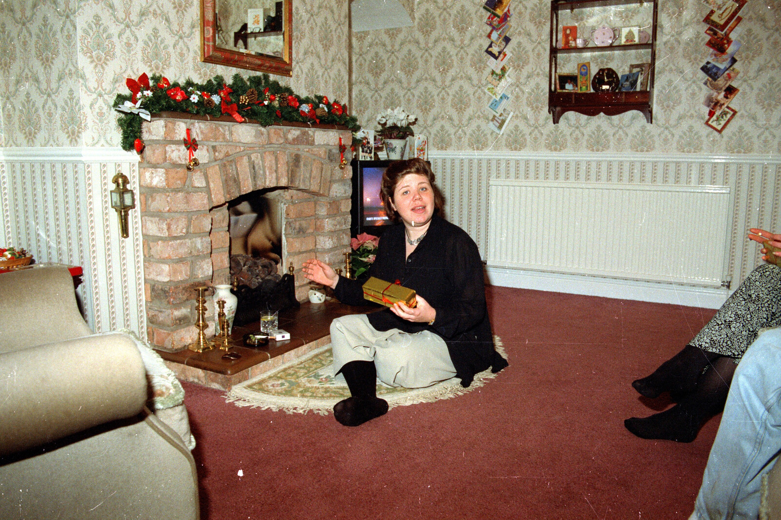 Sis opens a present from Christmas Up North, Macclesfield, Cheshire - 25th December 1995