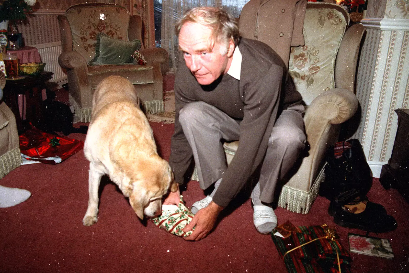 The Old Man gives Brandy a present, from Christmas Up North, Macclesfield, Cheshire - 25th December 1995