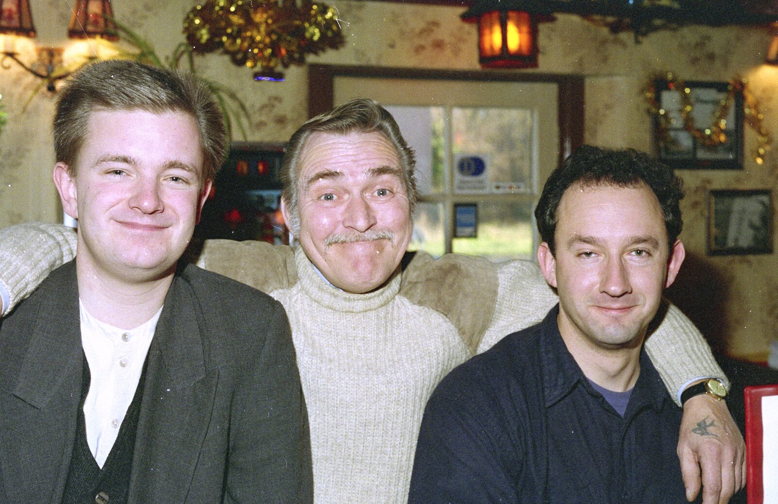 Nosher, Tony 'T-Shirt' and DH from New Year's Eve in the Swan Inn, Brome, Suffolk - 31st December 1995