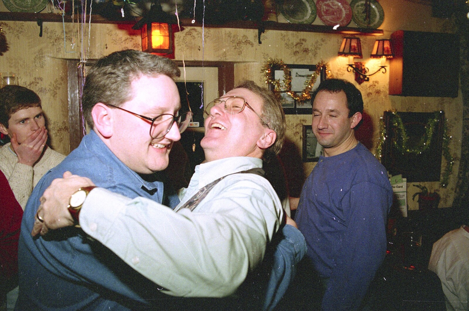 Graham gives John Willy a hug from New Year's Eve in the Swan Inn, Brome, Suffolk - 31st December 1995