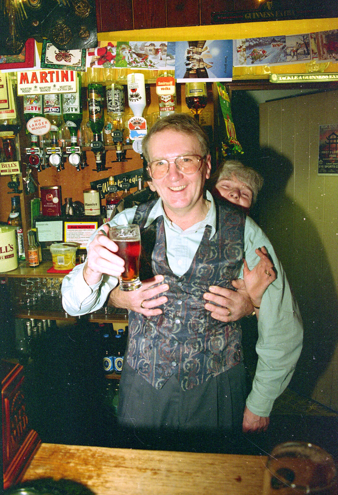 John Willy gets a hug from Spam from New Year's Eve in the Swan Inn, Brome, Suffolk - 31st December 1995