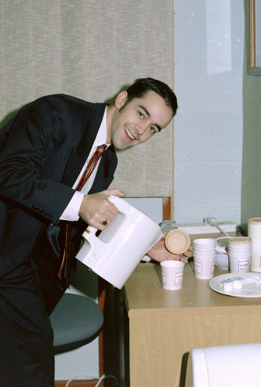 Trev pretends to make some tea from The CISU Internet Team, Bedroom Building and Ferries, Suffolk - 16th February 1996