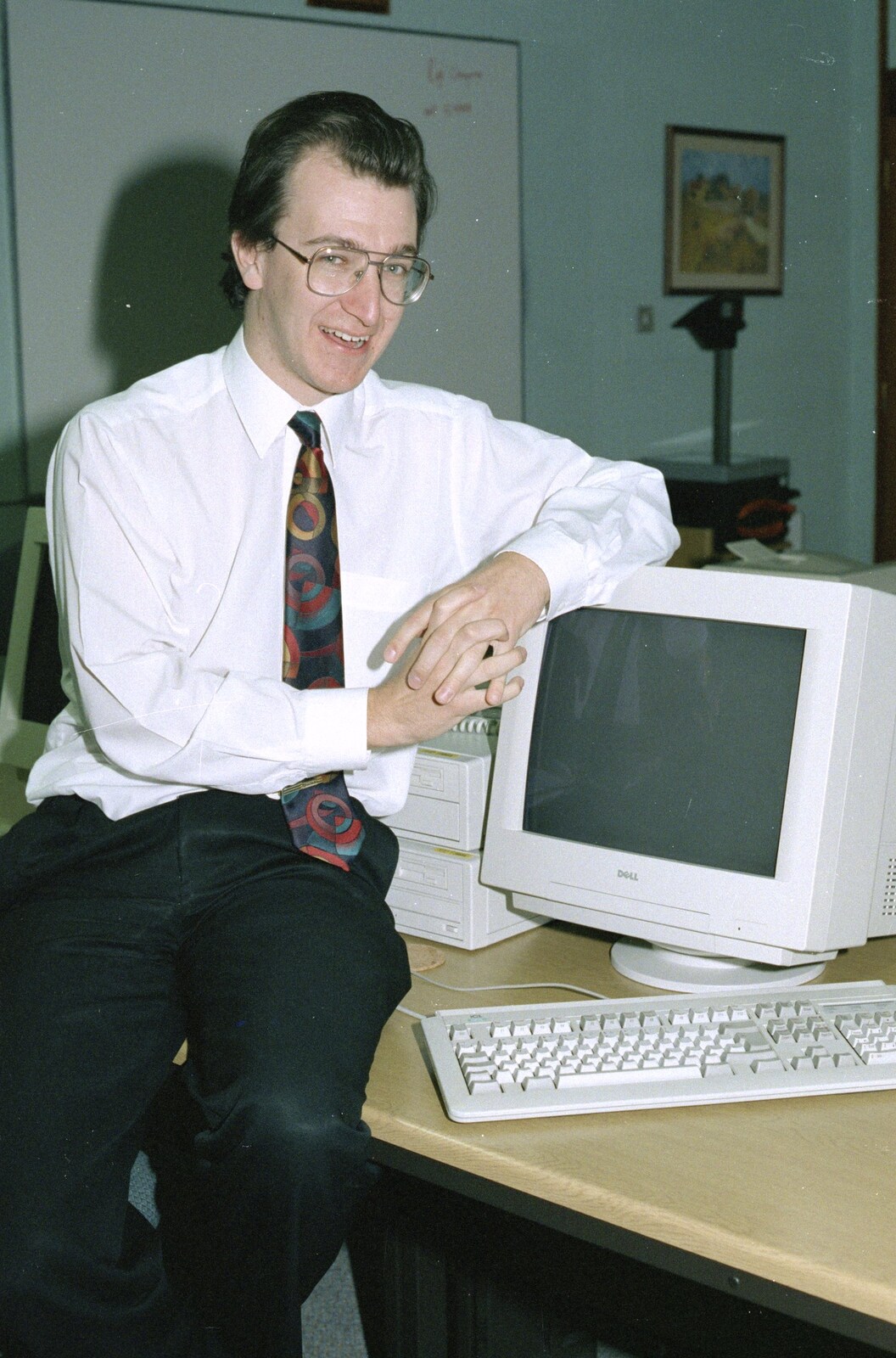 Phil Barbrook leans on a monitor from The CISU Internet Team, Bedroom Building and Ferries, Suffolk - 16th February 1996