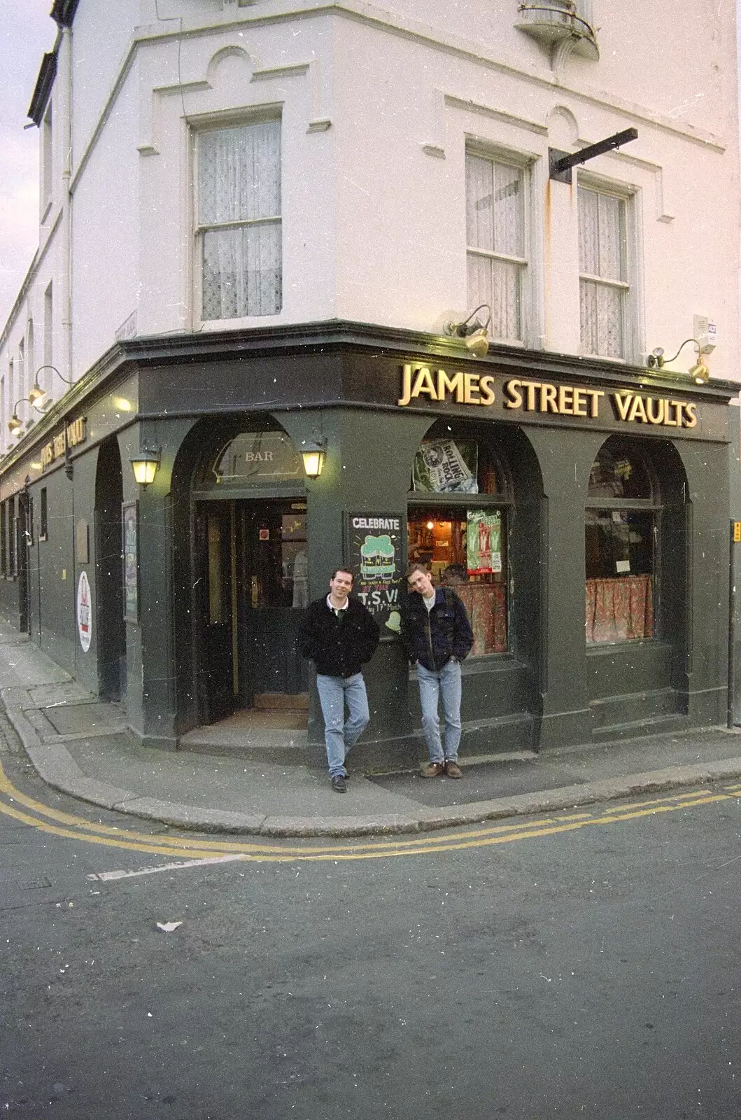 Russell and Andrew outside the James Street Vaults, from Uni: A CISU Trip To Plymouth, Devon - 16th March 1996