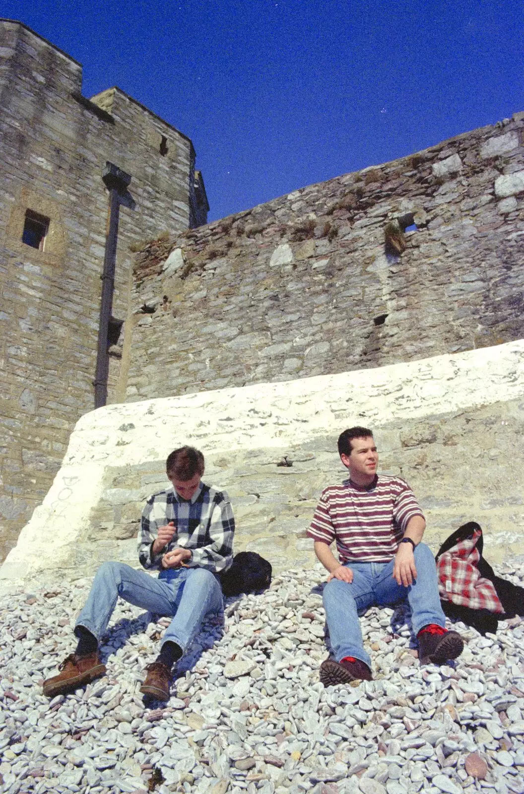 Andrew and Russell on the beach in Stonehouse, from Uni: A CISU Trip To Plymouth, Devon - 16th March 1996