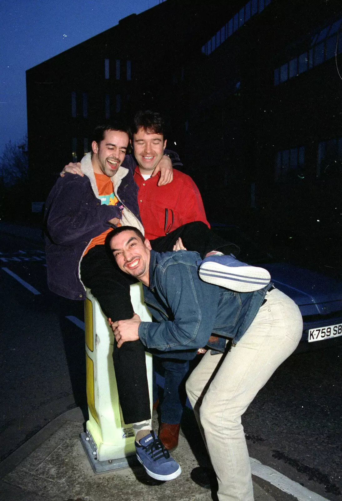 Trev is dumped on a bollard outside St. Edmund House, from CISU, Los Mexicanos and the Inflatable Woman, Ipswich, Suffolk - 25th April 1996