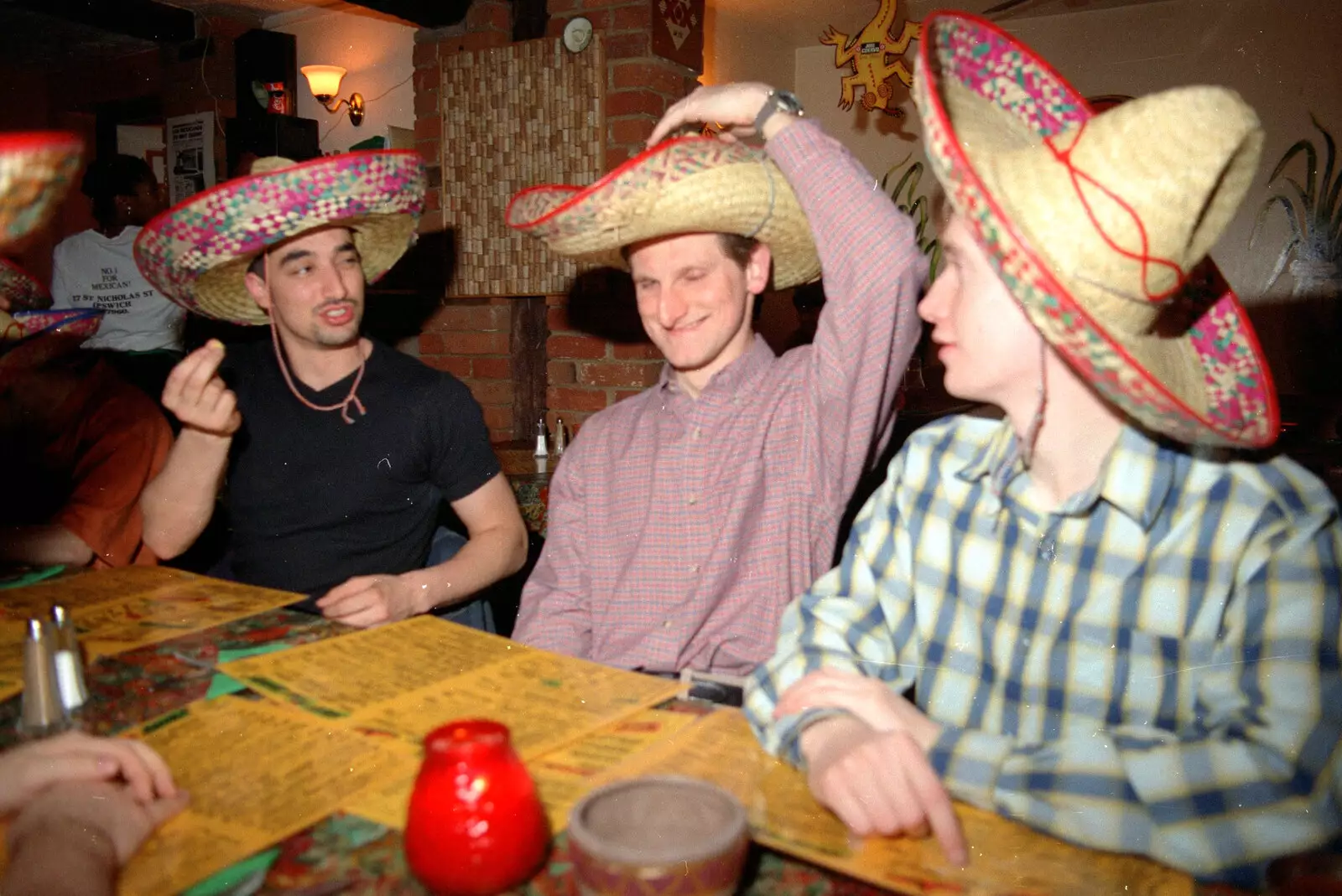 Jon checks his hat, from CISU, Los Mexicanos and the Inflatable Woman, Ipswich, Suffolk - 25th April 1996