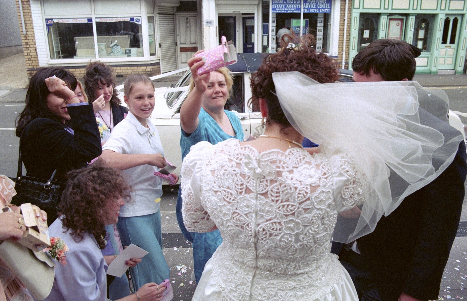 Riki's Wedding, Treboeth, Swansea - 7th May 1996: Boxes of confetti come out